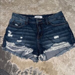 Zenana Outfitters Women's Ripped Jean Shorts - Dark Blue